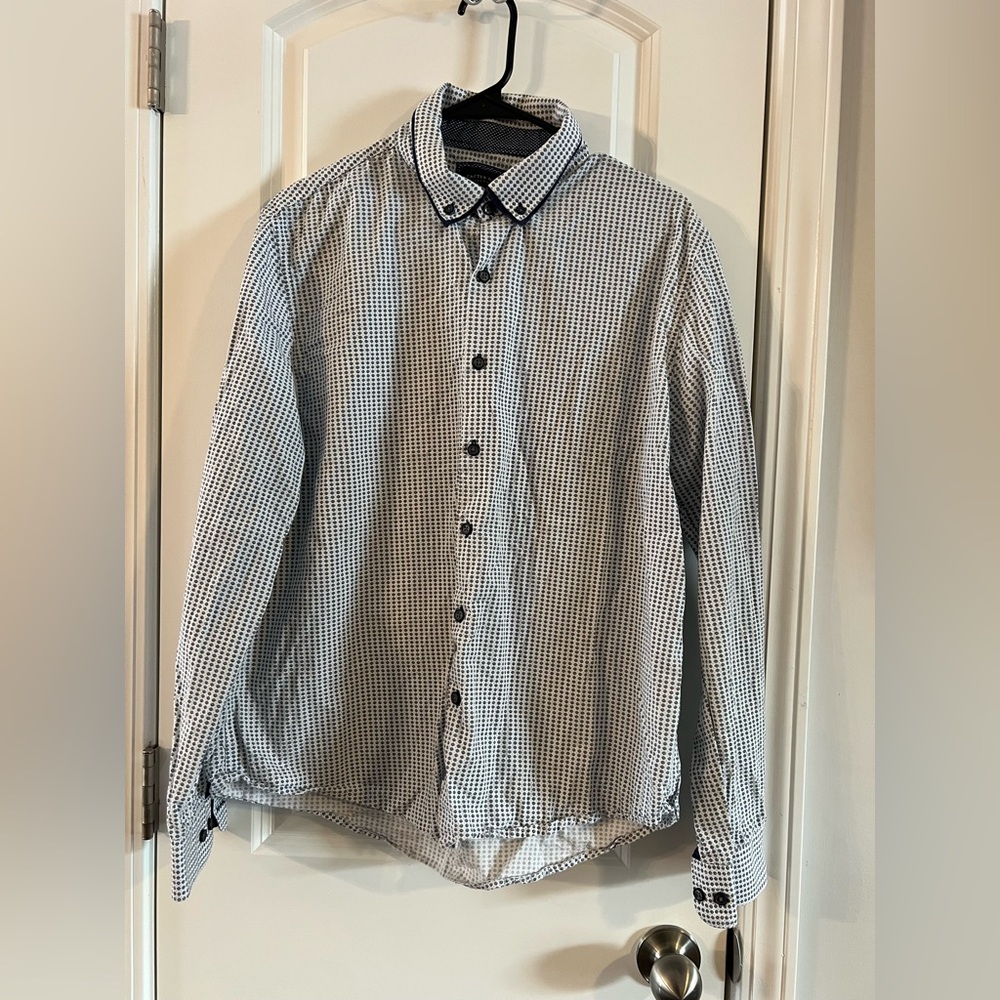 Men's Blue  and White Checkered Button-Down Shirt